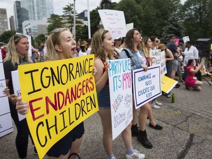 Rally in support of keeping the updated 2015 sex ed curriculum in Ontario schools held in front of Queen’s Park in Toronto, Ont. on Saturday July 21, 2018. (Ernest Doroszuk/Toronto Sun)